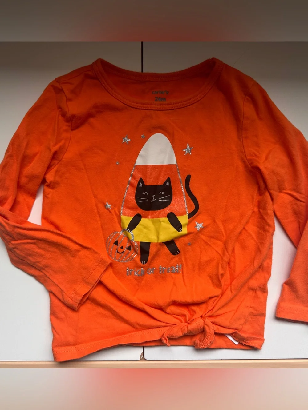 Carter’s Halloween Black Cat Candy Corn Trick or Treat Orange Shirt 24m